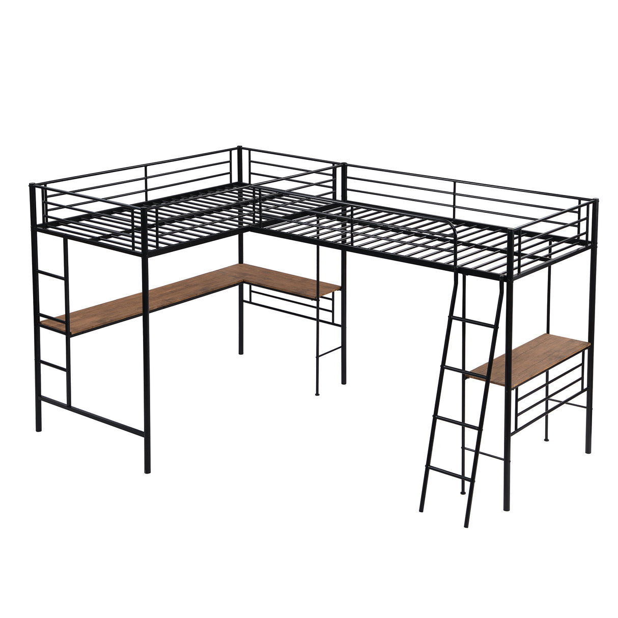 Twin Size Metal Loft Bed with Two Built-in Desks,Black - Home Elegance USA