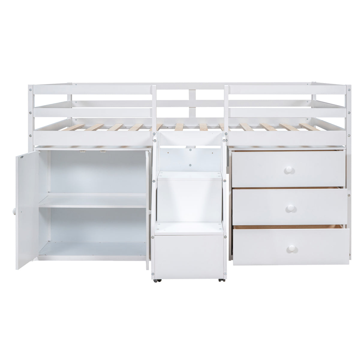 Full Size Functional Loft Bed with Cabinets and Drawers, Hanging Clothes at the back of the Staircase, White - Home Elegance USA