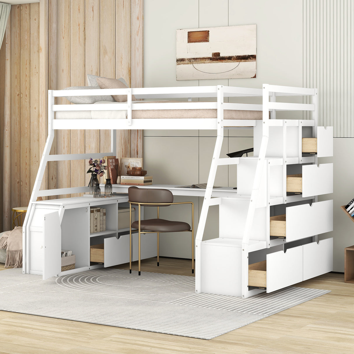 Twin Size Loft Bed with with 7 Drawers 2 Shelves and Desk - White - Home Elegance USA