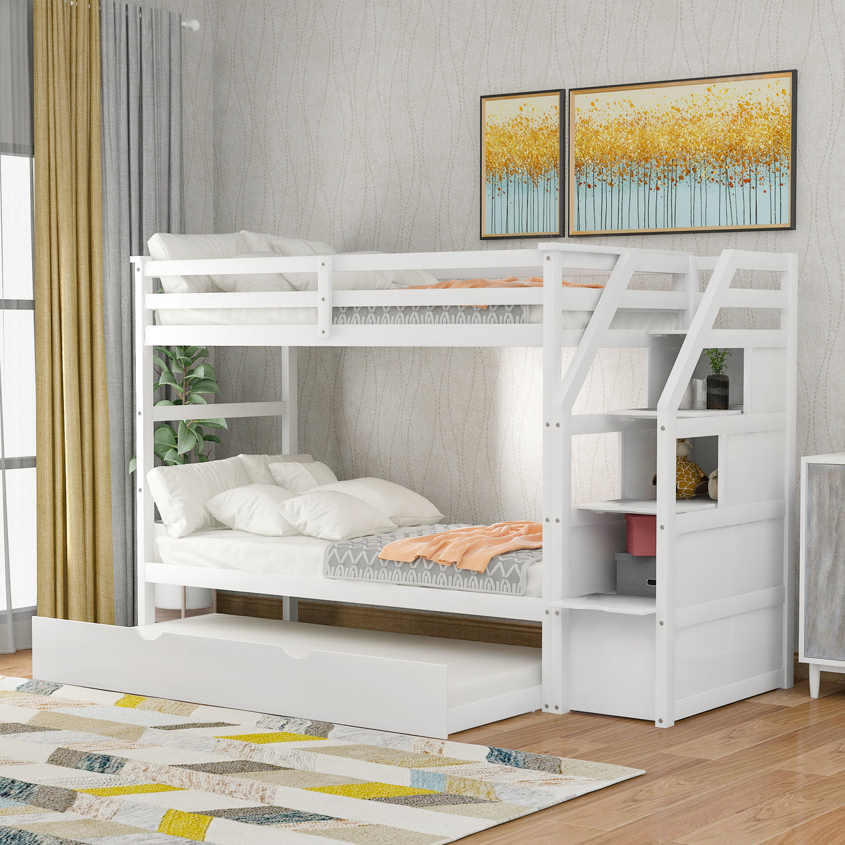 Twin-Over-Twin Bunk Bed with Twin Size Trundle and 3 Storage Stairs,White(OLD SKU :LP000064AAK) - Home Elegance USA