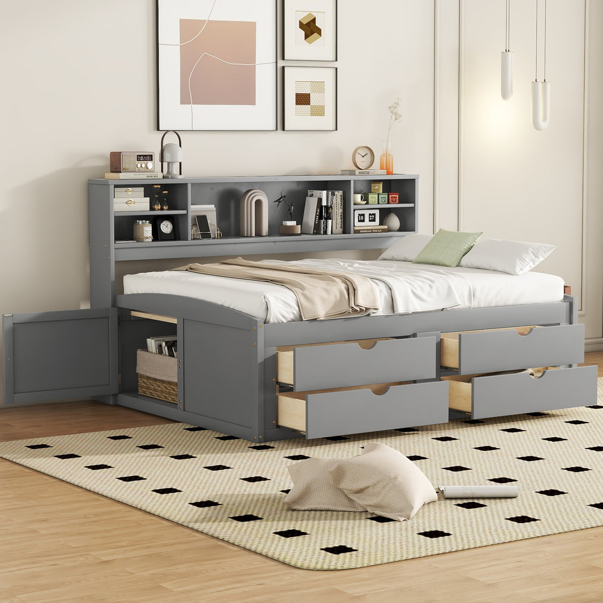Full Size Wood Daybed with 2 Bedside Cabinets, Upper Shelves and 4 Drawers, Gray - Home Elegance USA