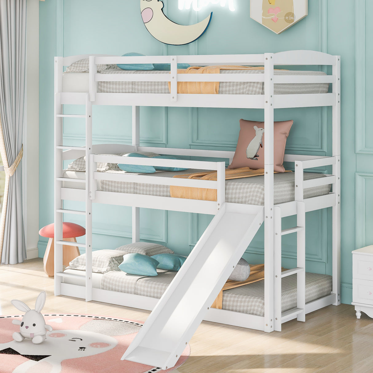 Twin over Twin over Twin Adjustable Triple Bunk Bed with Ladder and Slide,White(OLD SKU:SM000508AAK) - Home Elegance USA