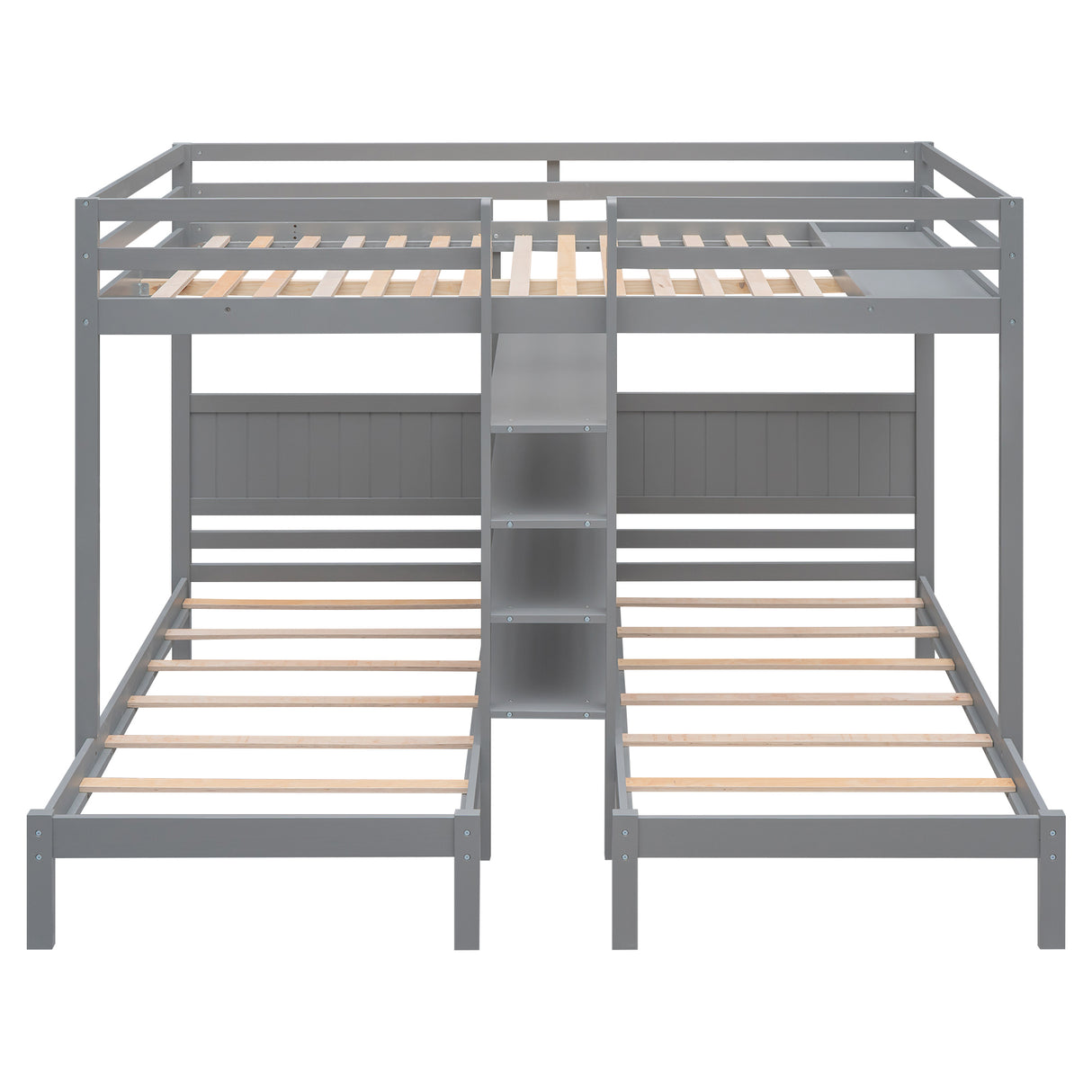 Full XL over Twin&Twin Bunk Bed with Built-in Four Shelves and Ladder,Gray - Home Elegance USA