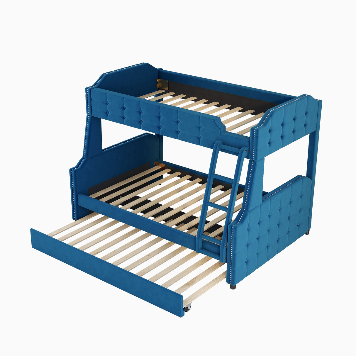 Twin over Full Upholstered Bunk Bed with Trundle and Ladder,Tufted Button Design,Blue - Home Elegance USA