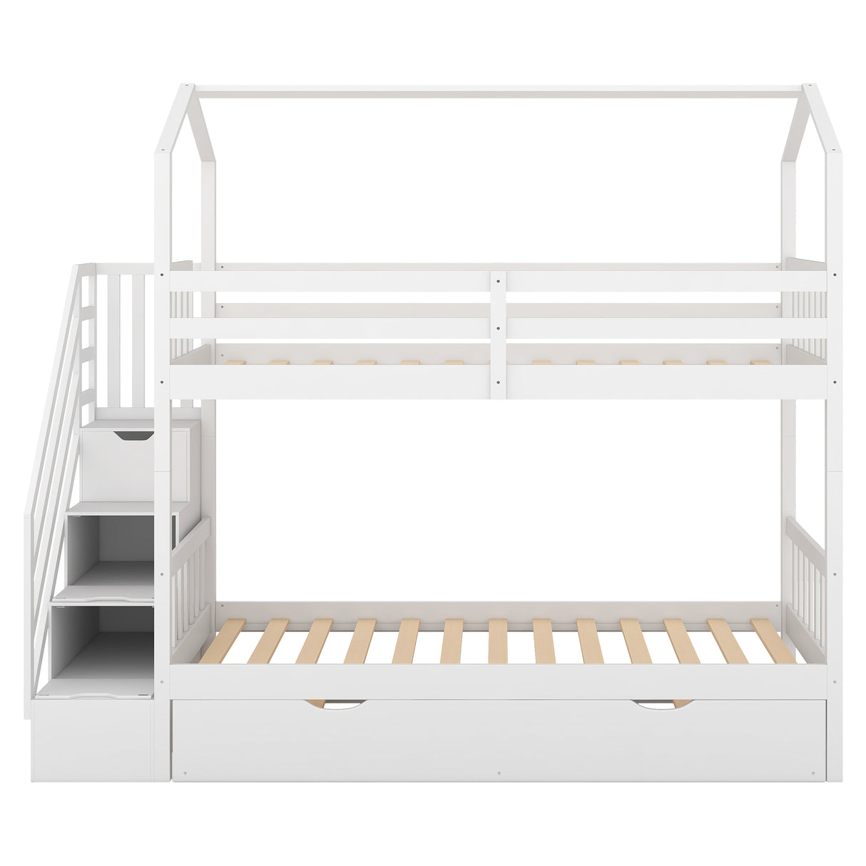 Multifunctional Twin over Twin House Bunk Bed with Staircase and Storage Space,White - Home Elegance USA