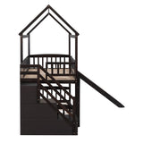 Twin Over Twin Bunk Bed with Drawers and Slide, House Bed with Slide,Espresso(OLD SKU :LT000215AAP) - Home Elegance USA