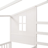 Wood House Bed Twin Size, 2 Twin Solid Bed L structure with fence and slatted frame （White) - Home Elegance USA