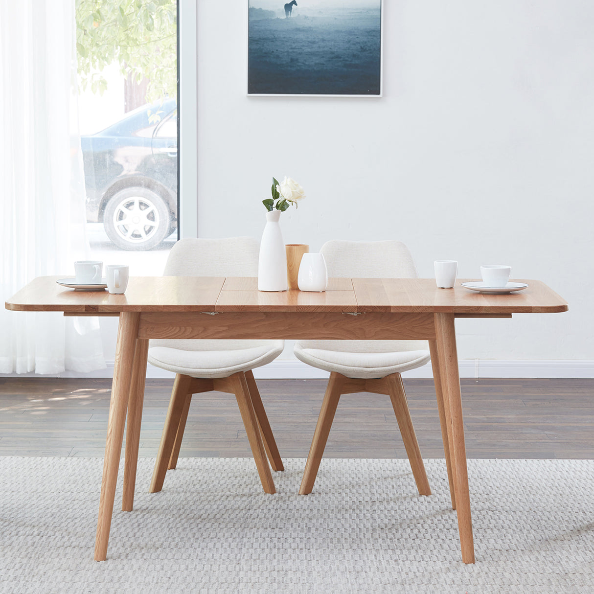 Natural solid oak round corner diagonal leg telescopic table 1.2-1.6m, for 6-8 people to meet 
 Dining table wood (light color) - Home Elegance USA