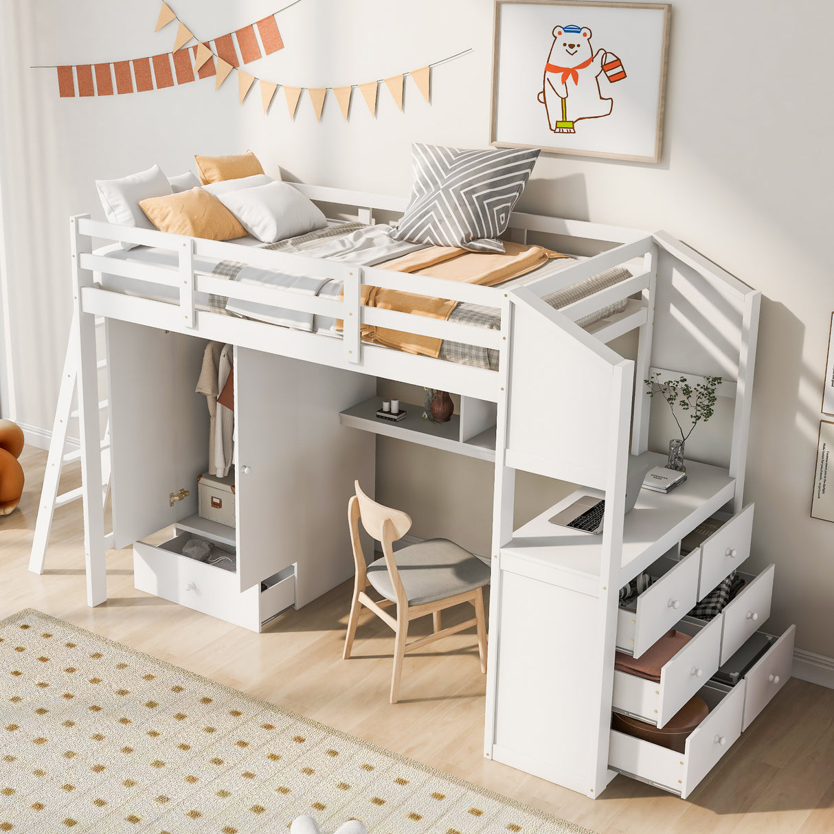 Twin Size Loft Bed with Wardrobe and Drawers, attached Desk with Shelves, White - Home Elegance USA