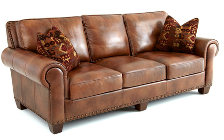 Rustic Styled Leather Sofa - Premium Construction, Top-Grain Leather - Eight-Way Hand-Tied Springs, Nail-Head Trim, Contrasting Pillows Home Elegance USA