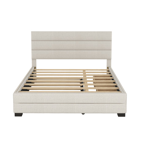 Queen Upholstered Platform Bed with Twin Size Trundle and Two Drawers, Beige - Home Elegance USA