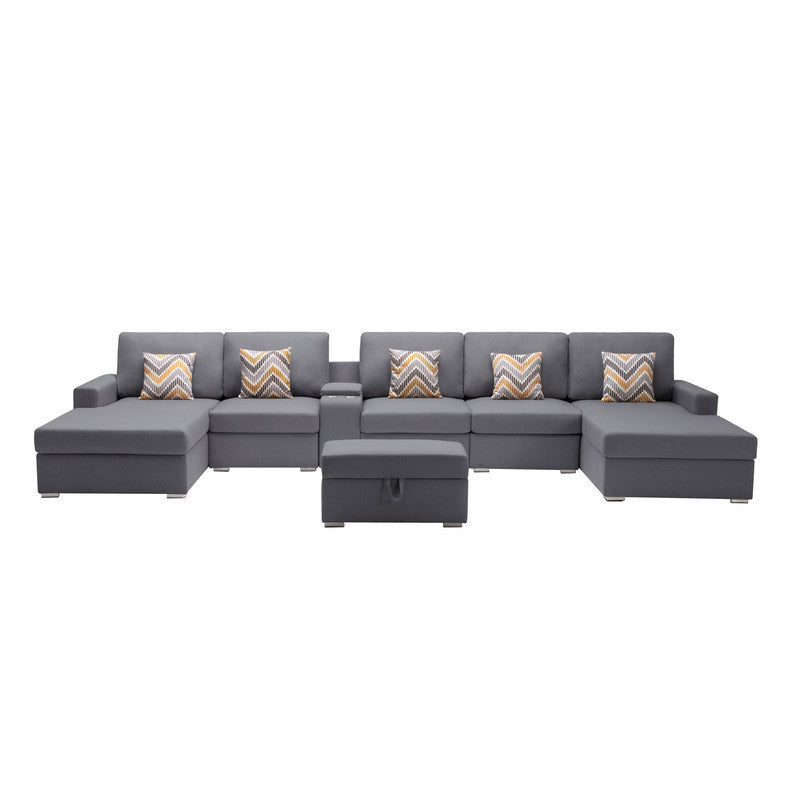 Nolan Gray Linen Fabric 7Pc Double Chaise Sectional Sofa with Interchangeable Legs, Storage Ottoman, Pillows, and a USB, Charging Ports, Cupholders, Storage Console Table - Home Elegance USA