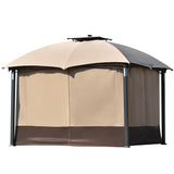 TOPMAX 10ft W*12ft L Outdoor Double Vents Gazebo Patio Metal Canopy with Screen and LED Lights for Backyard, Poolside, Brown