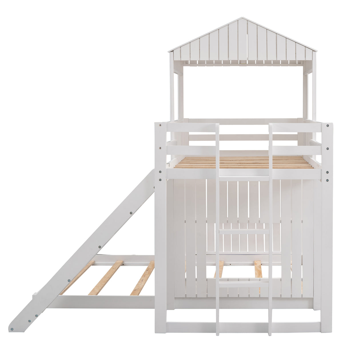 Wooden Twin Over Full Bunk Bed, Loft Bed with Playhouse, Farmhouse, Ladder, Slide and Guardrails, White(OLD SKU :LT000028AAK) - Home Elegance USA