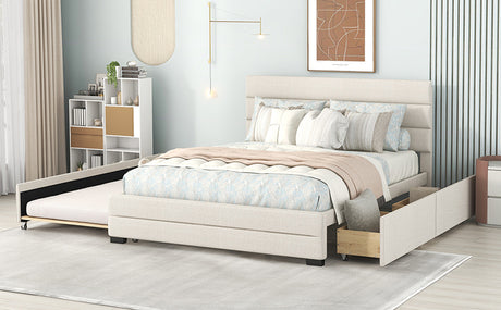 Queen Upholstered Platform Bed with Twin Size Trundle and Two Drawers, Beige - Home Elegance USA