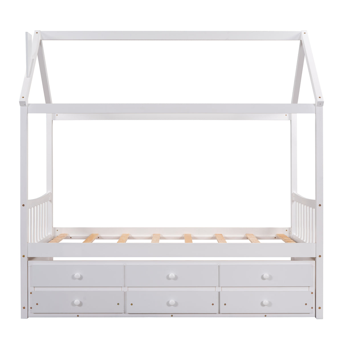 Twin size Wooden House Bed with Trundle and 3 Storage Drawers-White - Home Elegance USA