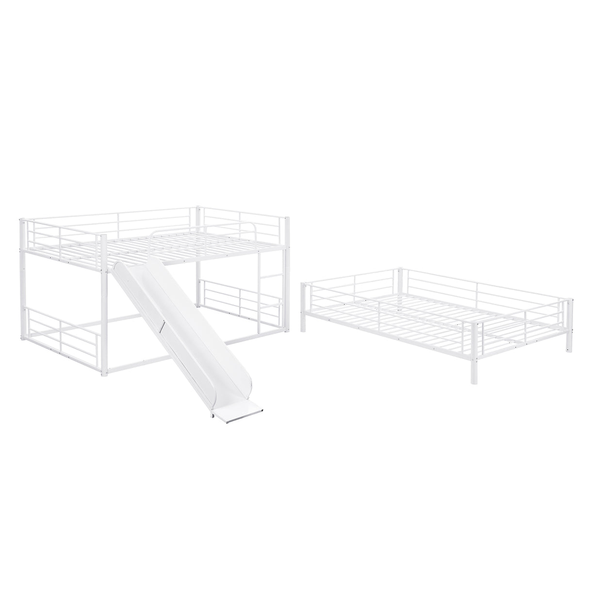 Full Size Metal Bunk Bed with Ladders and Slide, Divided into One Platform and Loft Bed, White - Home Elegance USA