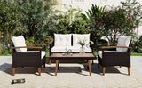 GO 4-Piece Garden Furniture,  Patio Seating Set, PE Rattan Outdoor Sofa Set, Wood Table and Legs, Brown and Beige