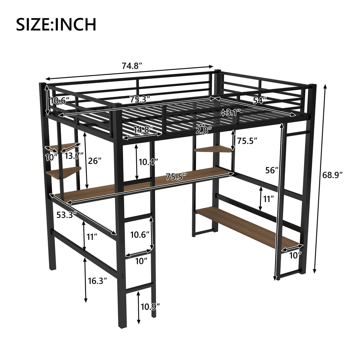 Full Size Loft Metal&MDF Bed with Long Desk and Shelves,Black(OLD SKU:SM000608AAB-1) - Home Elegance USA