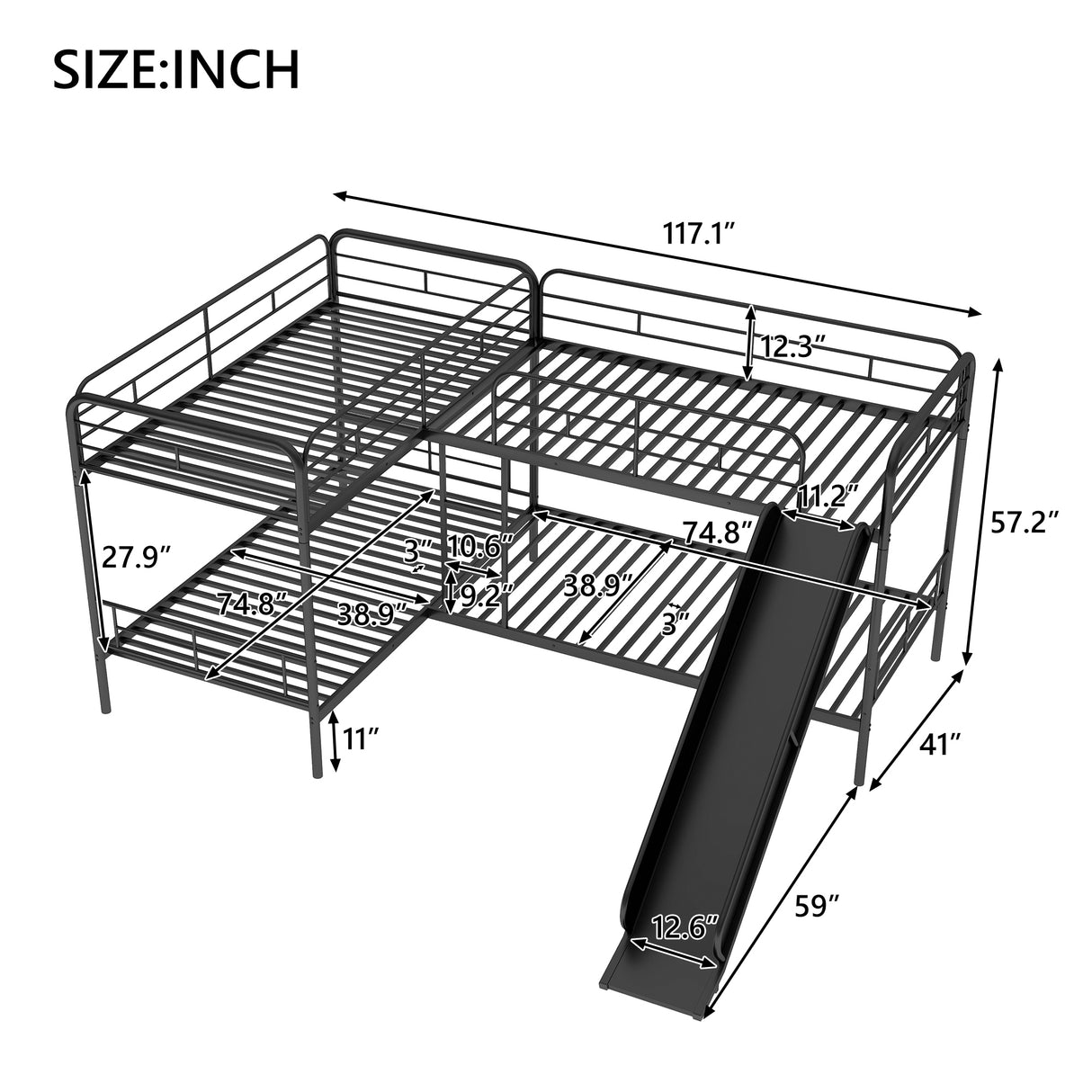 Twin Size L-Shaped Bunk Bed with Slide and Ladder, Black(OLD SKU:GX000615AAB) - Home Elegance USA