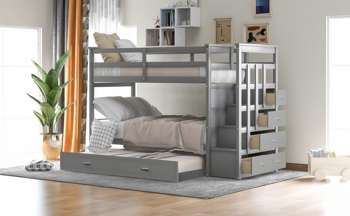 Solid Wood Bunk Bed, Hardwood Twin Over Twin Bunk Bed with Trundle and Staircase, Natural Gray Finish(Old SKU: LP000068AAE) - Home Elegance USA