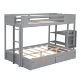 Wood Twin over Full Bunk Bed with Drawers, Shelves, Cabinets, L-shaped Desk and Magazine Holder, Gray - Home Elegance USA