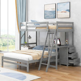 Twin over Full Bunk Bed with Built-in Desk and Three Drawers,Grey - Home Elegance USA