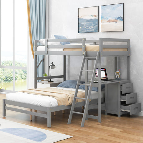 Twin over Full Bunk Bed with Built-in Desk and Three Drawers,Grey - Home Elegance USA