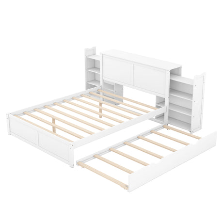 Queen Size Storage Platform Bed with Pull Out Shelves and Twin  XL Size Trundle, White - Home Elegance USA