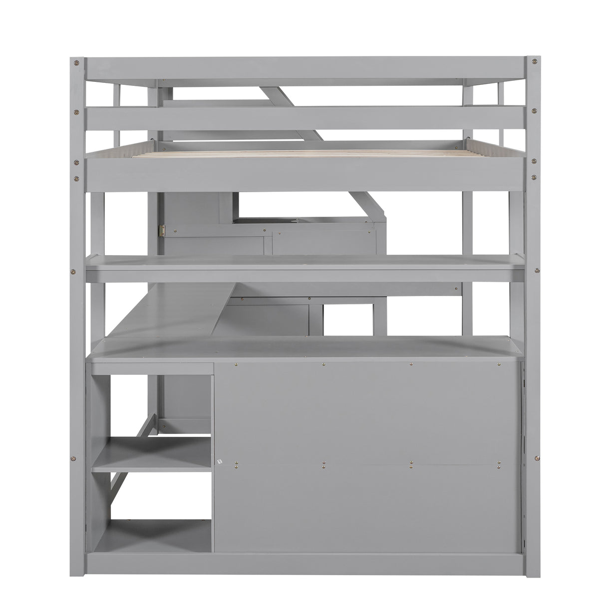 Full Size Loft Bed with Desk and Shelves, Two Built-in Drawers, Storage Staircase, Gray