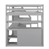 Full Size Loft Bed with Desk and Shelves, Two Built-in Drawers, Storage Staircase, Gray