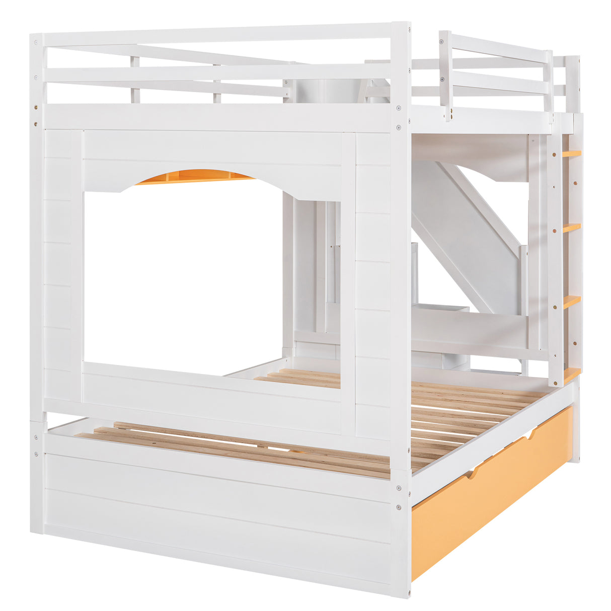 Full Over Full Bunk Bed with Trundle ,Stairs,Ladders Solid Wood Bunk bed with Storage Cabinet （White + Yellow） - Home Elegance USA