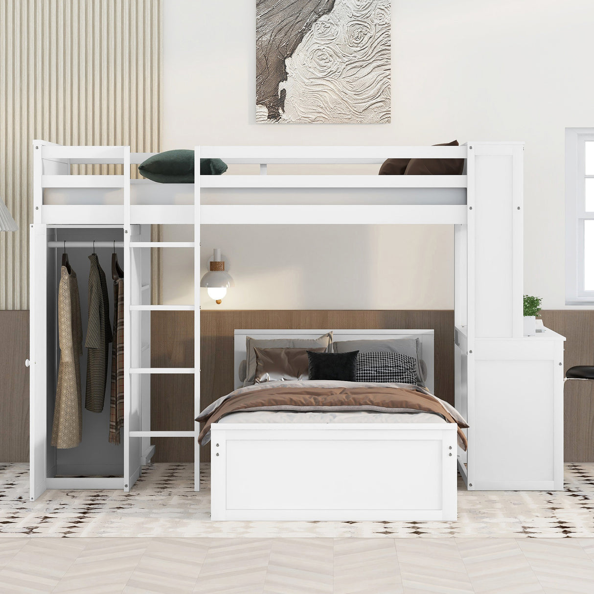 Twin size Loft Bed with a Stand-alone bed, Shelves,Desk,and Wardrobe-White - Home Elegance USA