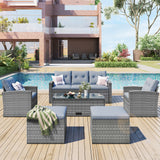 GO 6-piece All-Weather Wicker PE rattan Patio Outdoor Dining Conversation Sectional Set with coffee table, wicker sofas, ottomans,  removable cushions (Dark grey wicker, Light grey cushion)