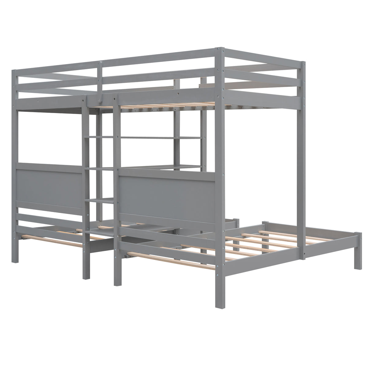 Twin XL over Twin&Twin Bunk Bed with Built-in Four Shelves and Ladder,Gray - Home Elegance USA