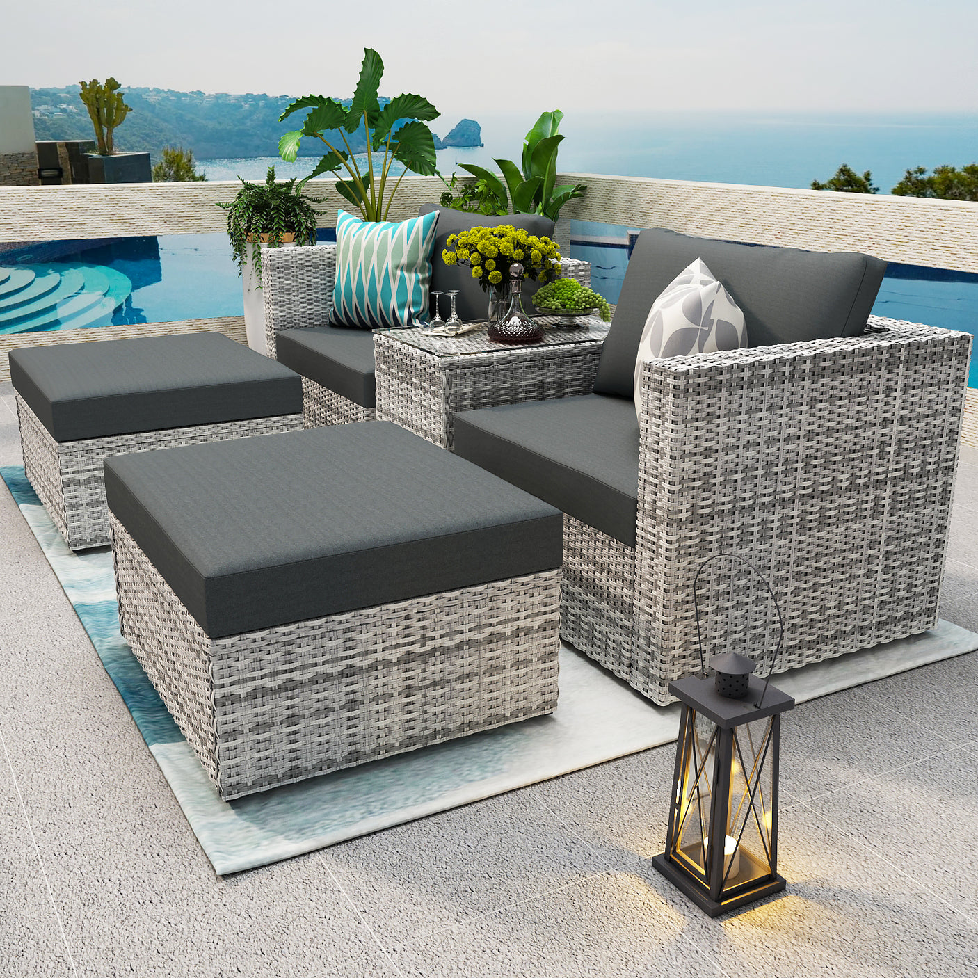 5 Pieces Wicker Sofa Set Grey Wicker+ Grey Cushion with Weather Protecting Cover