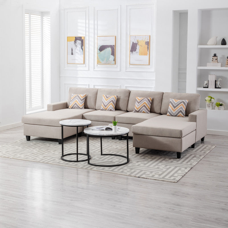 Nolan Beige Linen Fabric 4Pc Double Chaise Sectional Sofa with Pillows and Interchangeable Legs - Home Elegance USA