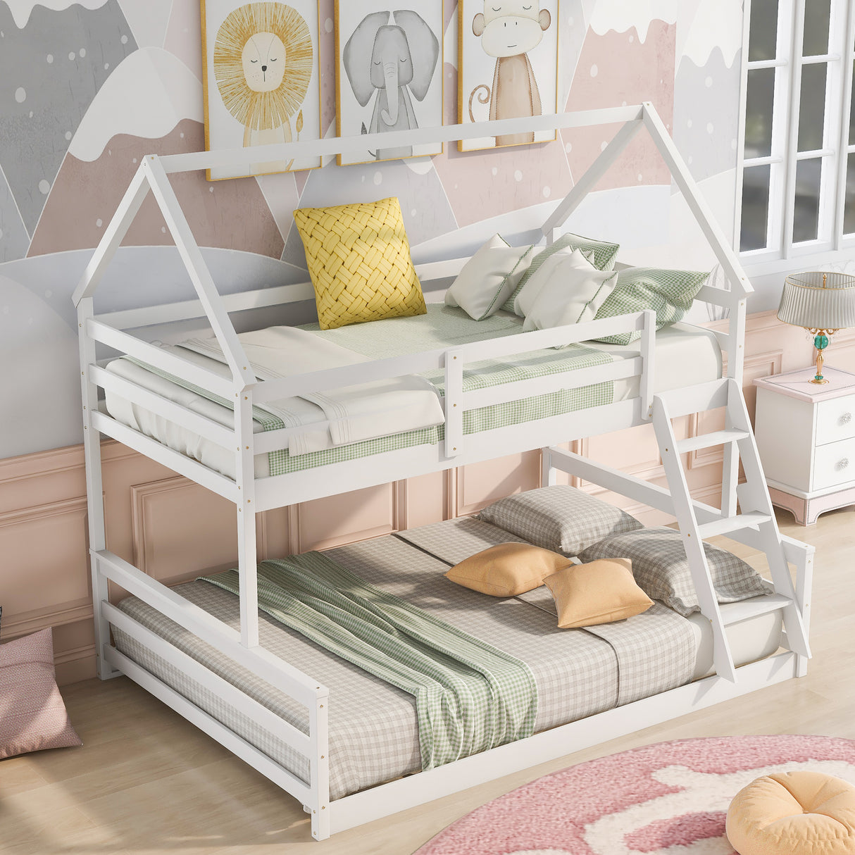 Twin over Full House Bunk Bed with Built-in Ladder,White - Home Elegance USA