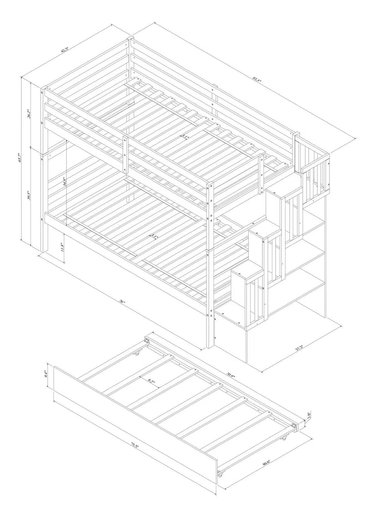 Bunk Beds Twin over Twin Stairway Storage function  Gray - Home Elegance USA