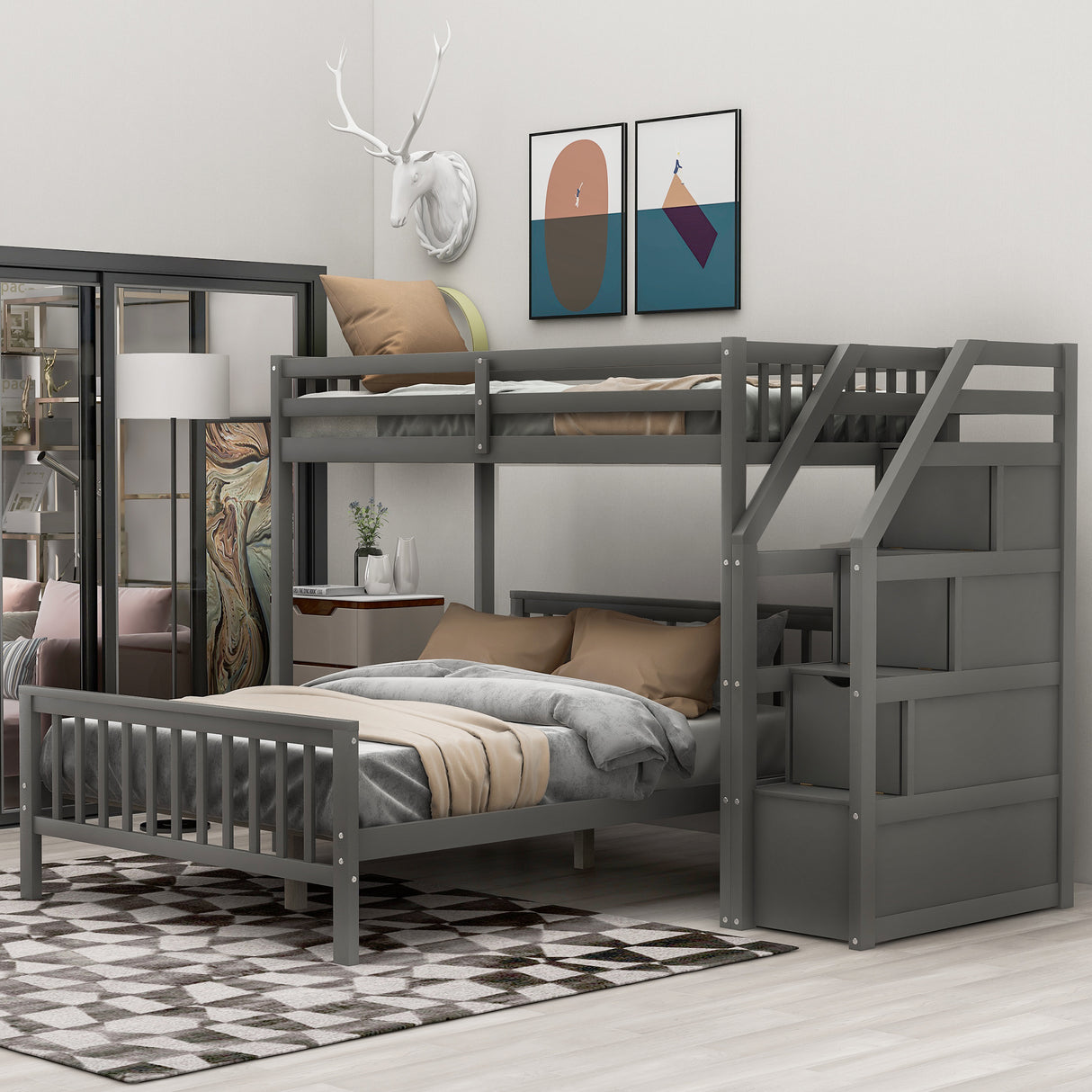 Twin over Full Loft Bed with Staircase,Gray(OLD SKU:SM000107AAE) - Home Elegance USA