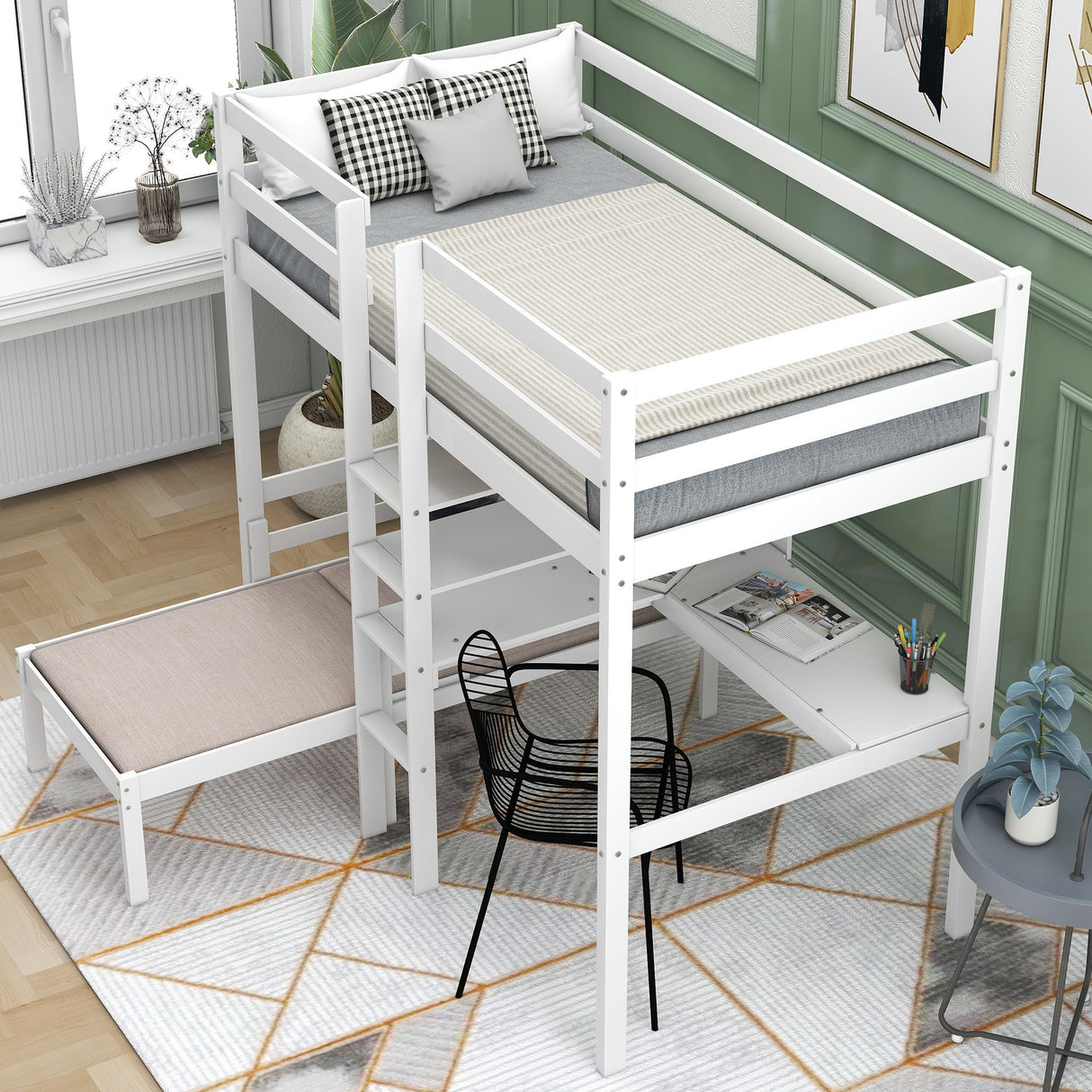 Convertible Loft Bed with L-Shape Desk, Twin Bunk Bed with Shelves and Ladder, White(OLD SKU:SM000209AAK-1) - Home Elegance USA