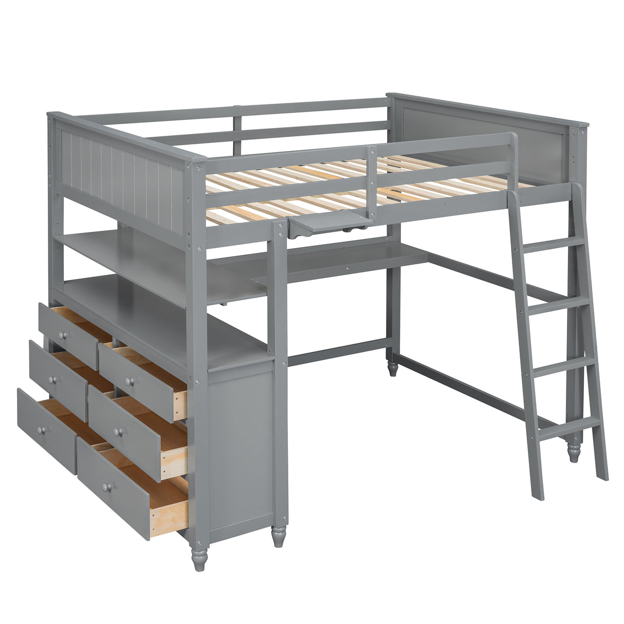 Full size Loft Bed with Drawers and Desk, Wooden Loft Bed with Shelves - Gray(OLD SKU:LT000529AAE) Home Elegance USA