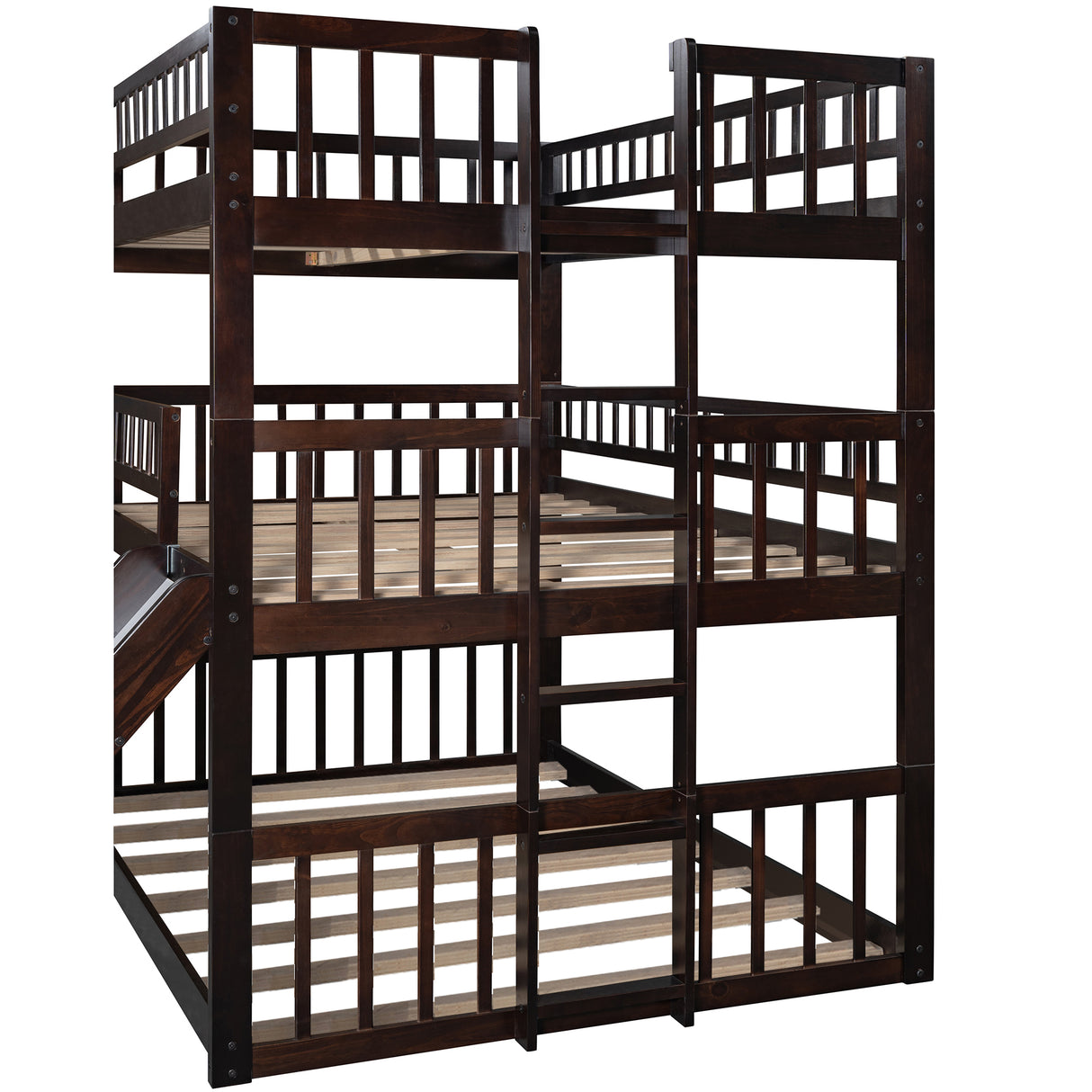 Full-Over-Full-Over-Full Triple Bed with Built-in Ladder and Slide , Triple Bunk Bed with Guardrails, Espresso(OLD SKU :LP000052AAP) - Home Elegance USA