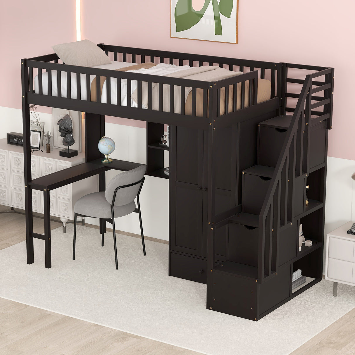 Twin size Loft Bed with Bookshelf,Drawers,Desk,and Wardrobe-Espresso - Home Elegance USA