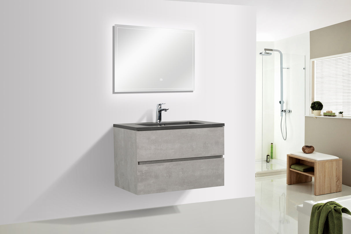 29'' Wall Mounted Single Bathroom Vanity in Ash Gray With Matte Black Solid Surface Vanity Top