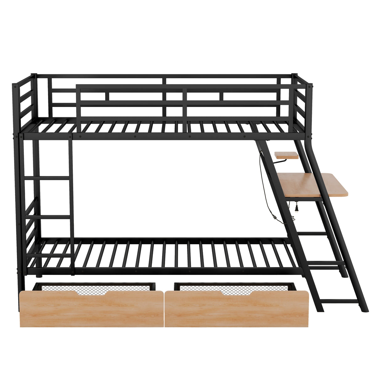 Twin Size Metal Bunk Bed with Built-in Desk, Light and 2 Drawers, Black(Expected Arrival Time: 9.18)