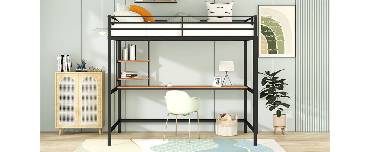 Full Metal Loft Bed with Desk and Shelve, Black - Home Elegance USA