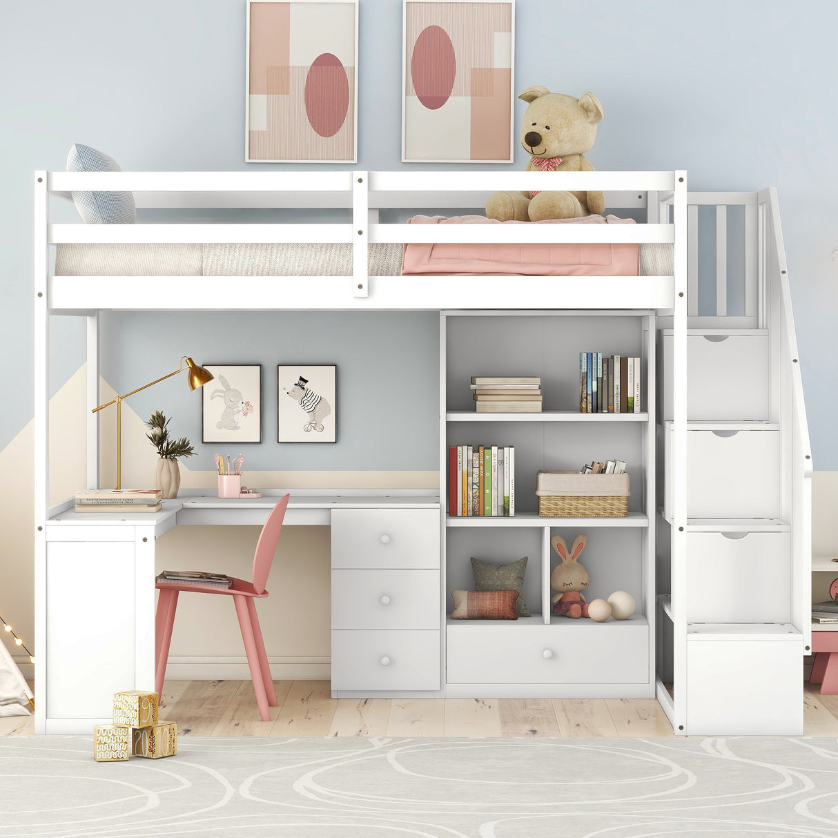 Twin Size Loft Bed with L-Shaped Desk and Drawers, Cabinet and Storage Staircase, White - Home Elegance USA