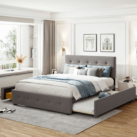 Upholstered Platform Bed with 2 Drawers and 1 Twin XL Trundle,  Linen Fabric, Queen Size - Light Gray(OLD SKU :LP000314AAN)