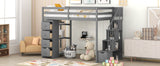 Twin size Loft Bed with Storage Drawers and Stairs, Wooden Loft Bed with Shelves - Gray - Home Elegance USA